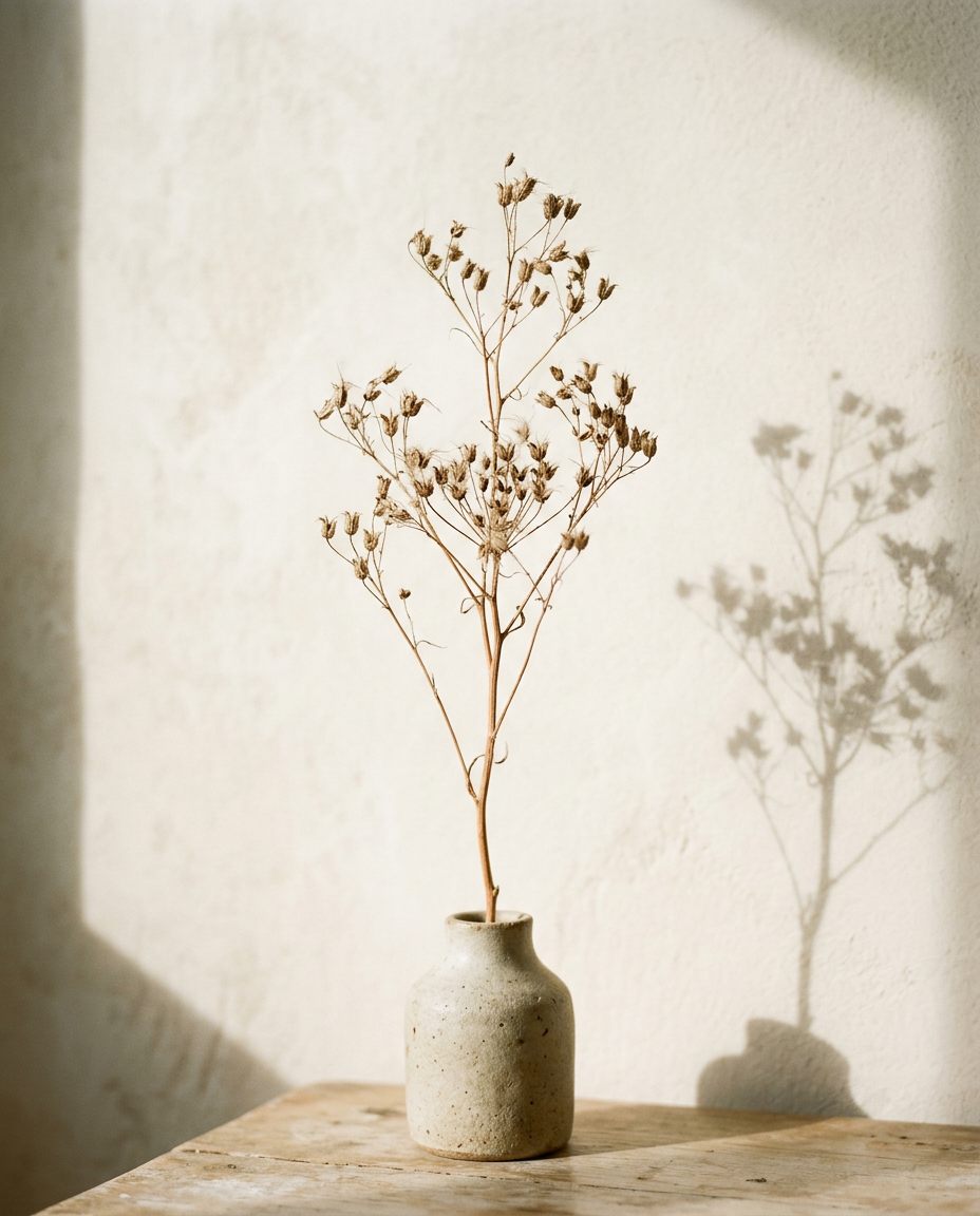 A single dried stem in a ceramic vase, casting a long shadow on a warm cream wall