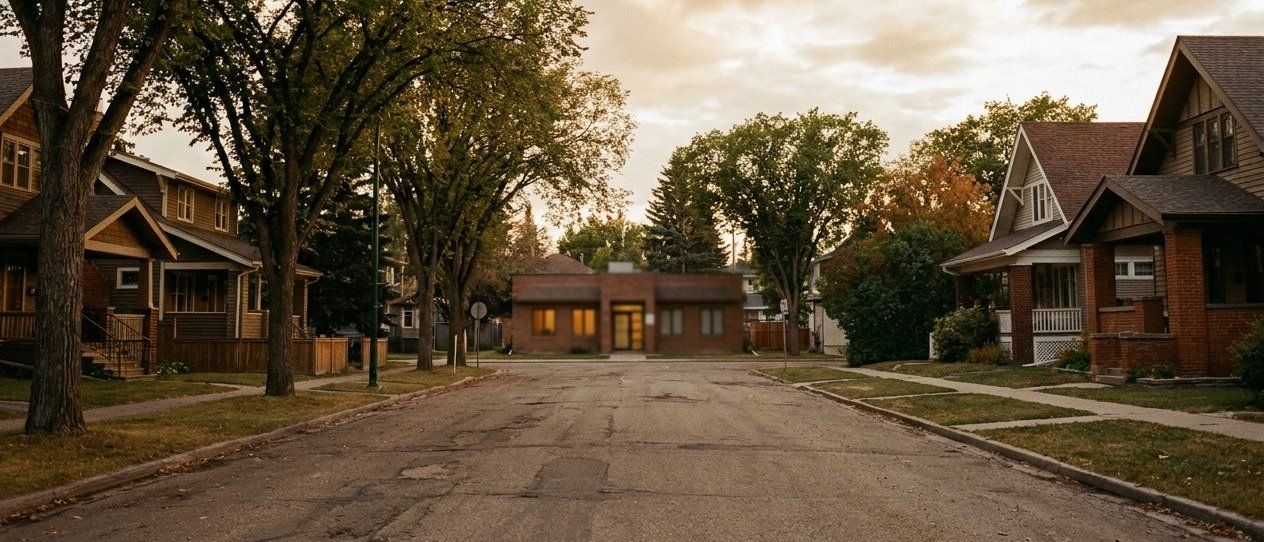 A quiet residential street lined with tall trees in warm evening light