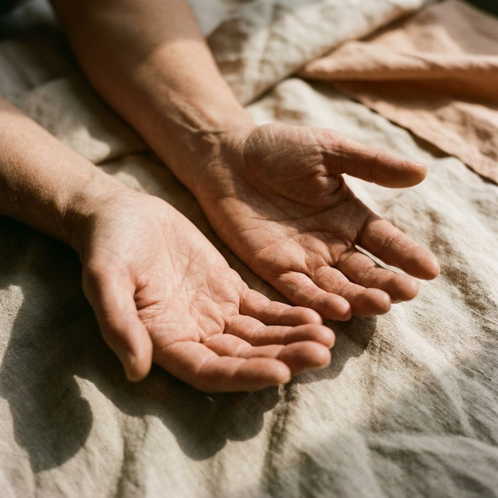 Open, relaxed hands resting palms-up on soft linen