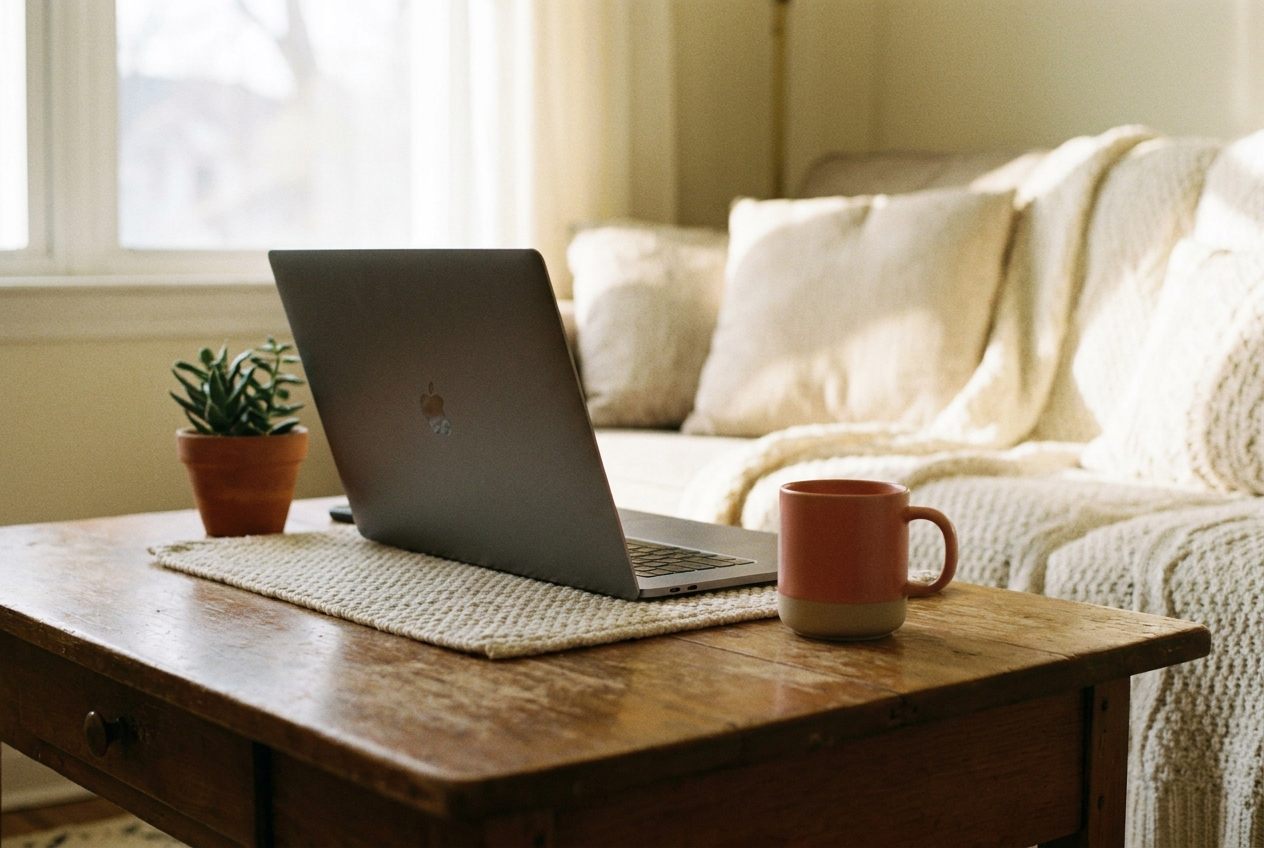 A laptop on a wooden table facing a bright window, with a mug and a small plant nearby