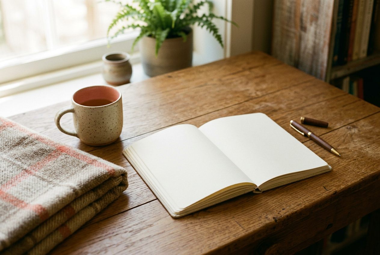A blank open notebook and a pen on a wooden desk, with a ceramic mug and a fern in soft window light
