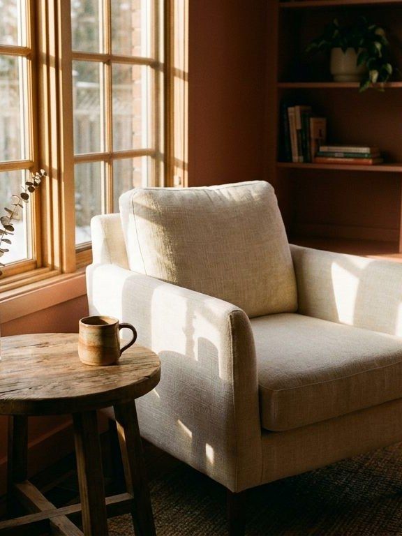 A linen armchair beside a tall bright window, with a mug and a dried stem on a side table