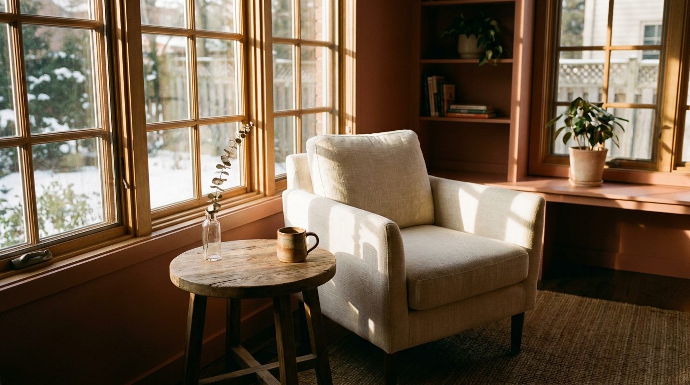 A linen armchair beside a tall bright window, with a side table, a mug, and a dried stem