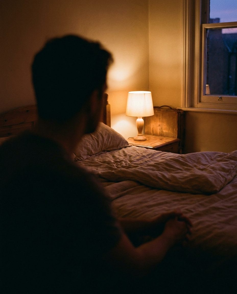 A figure seen from behind, sitting at the edge of a bed in fading evening light