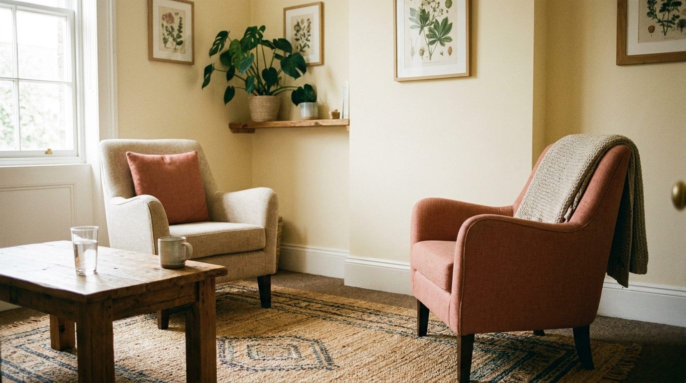Two armchairs facing one another across a small wooden table, on a woven rug in soft daylight