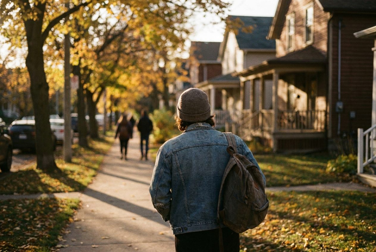 A person seen from behind, walking down a sunlit tree-lined sidewalk
